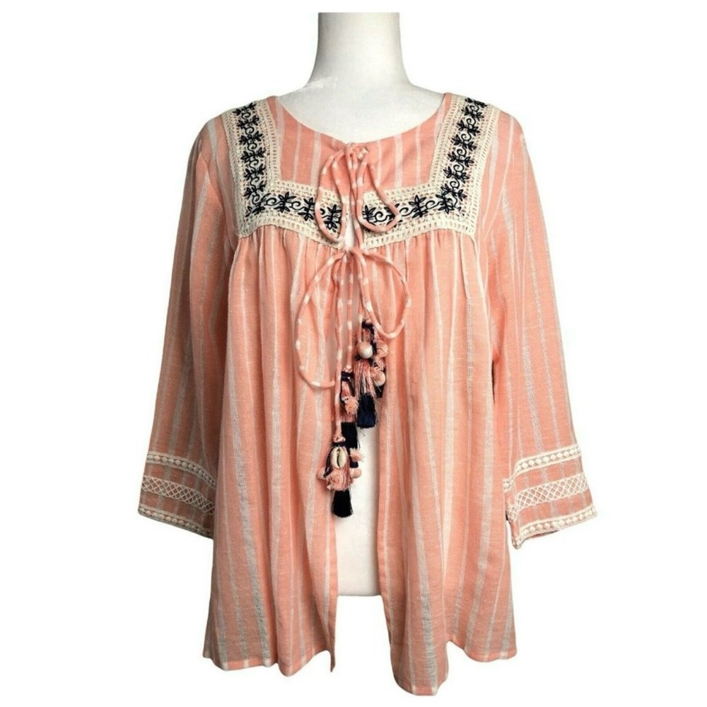 Anthropologie Hemant & Nandita Embroidered Open Tassel Boho Blouse